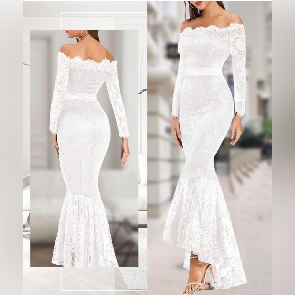 Women's Floral Lace Long Sleeve Off Shoulder Wedding Mermaid Dress